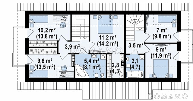 Проект одноэтажного мансардного дома из газобетона с отдельными входами для двух семей / План мансардного этажа Проект одноэтажного мансардного дома из газобетона с отдельными входами для двух семей / План мансардного этажа