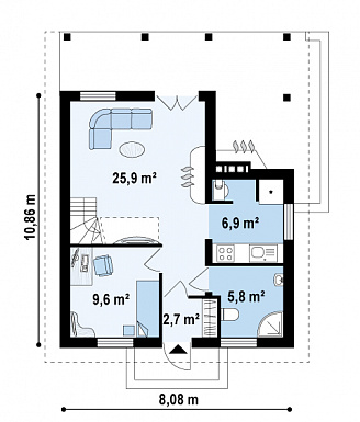 Проект компактного одноэтажного мансардного дома из кирпича с двумя спальнями, кабинетом и двумя крытыми террасами / План 1 этажа Проект компактного одноэтажного мансардного дома из кирпича с двумя спальнями, кабинетом и двумя крытыми террасами / План 1 этажа