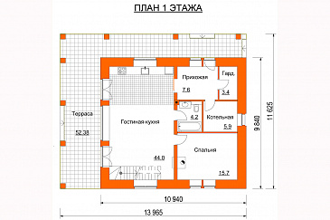 Проект дома с крытой террасой, спальней на первом этаже, балконом, вторым светом / План 1 этажа Проект дома с крытой террасой, спальней на первом этаже, балконом, вторым светом / План 1 этажа