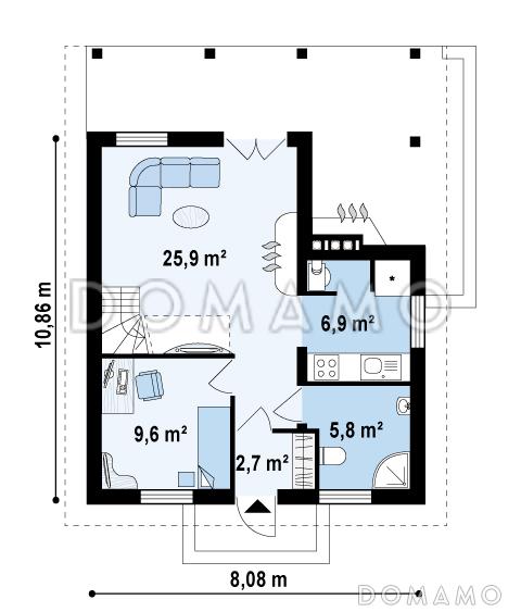 Проект компактного одноэтажного мансардного дома из кирпича с двумя спальнями, кабинетом и двумя крытыми террасами / План 1 этажа