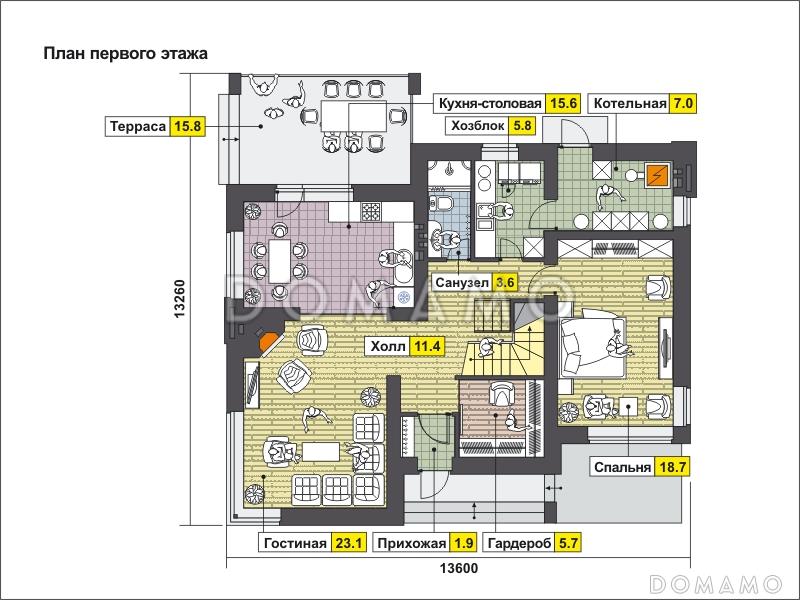 Проект дома с крытой террасой, котельной и хозблоком, спальней на первом этаже, тремя спальнями на мансарде / План 1 этажа