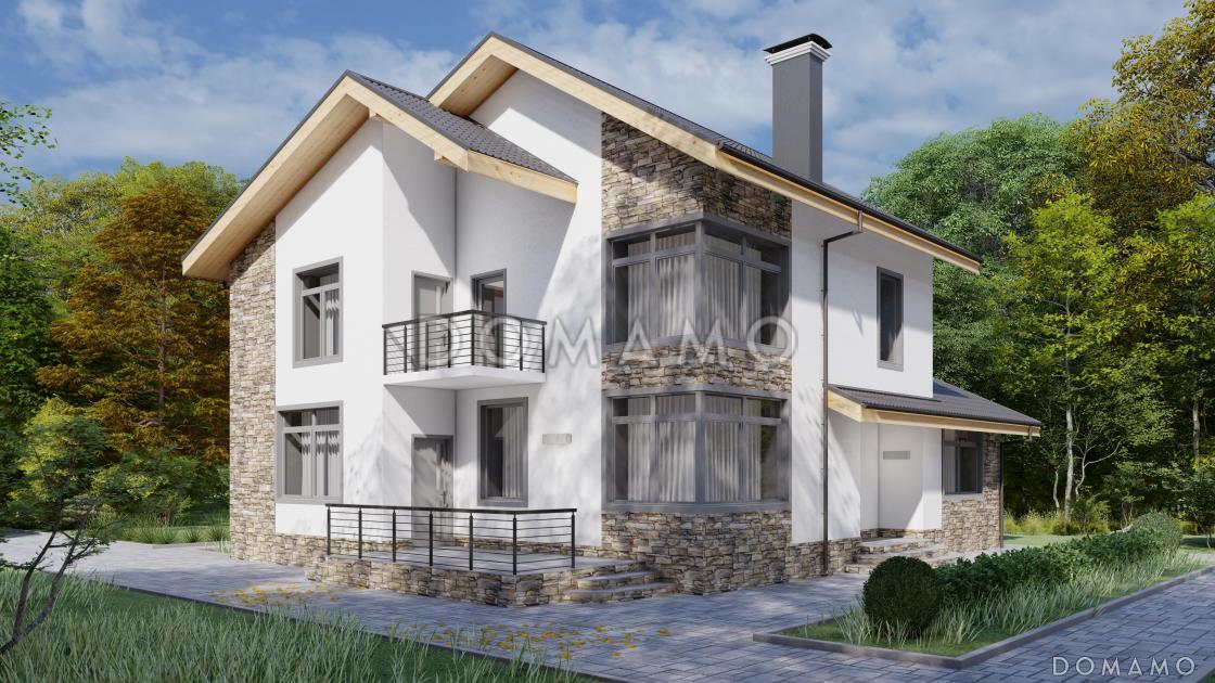 Проект двухэтажного дома из керамических блоков с двускатной крышей с подвалом, террасой и балконом / 1