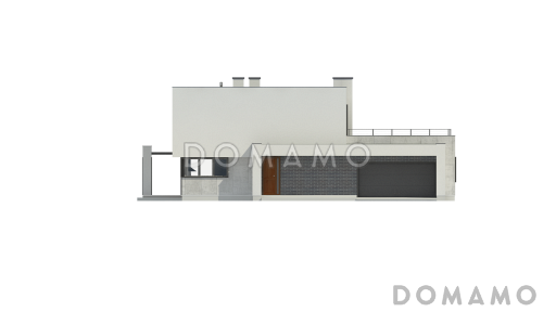 Проект современного двухэтажного дома из газобетона с плоской крышей с гаражом для двух автомобилей и террасами на обоих уровнях / Фасад 1