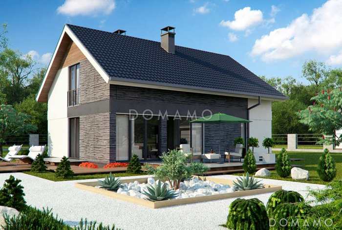 Проект одноэтажного мансардного дома из газобетона с четырьмя спальнями и панорамным остеклением гостиной Проект одноэтажного мансардного дома из газобетона с четырьмя спальнями и панорамным остеклением гостиной