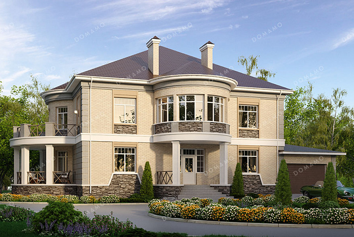 Проект усадьбы в классическом стиле с четырьмя спальнями, кабинетом, гаражом и подвалом