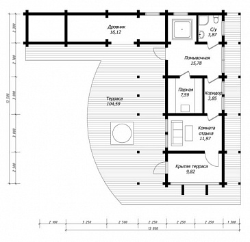 Проект бани из клееного бруса с необычной в плане террасой / План 1 этажа Проект бани из клееного бруса с необычной в плане террасой / План 1 этажа