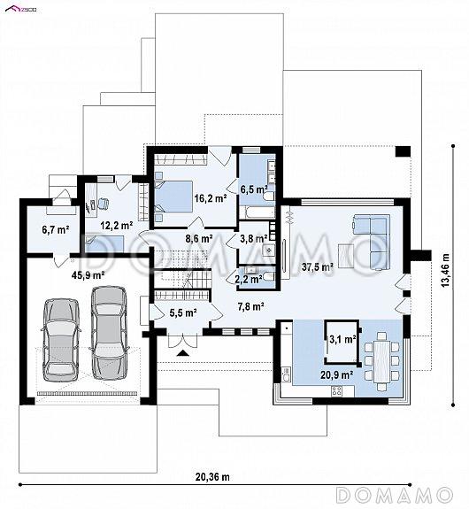 Проект красивого просторного двухэтажного дома из газобетона террасами, балконами и гаражом / План 1 этажа