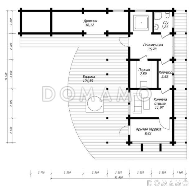 Проект бани из клееного бруса с необычной в плане террасой / План 1 этажа