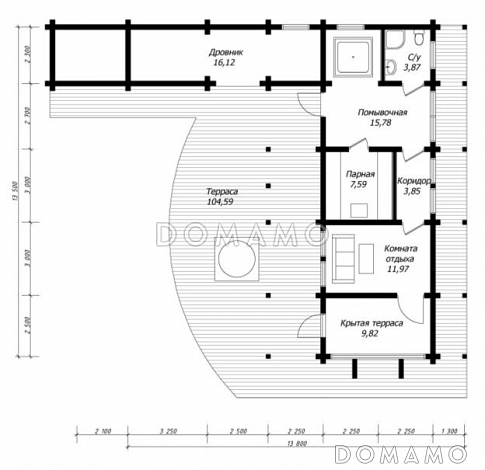 Проект бани из клееного бруса с необычной в плане террасой / План 1 этажа Проект бани из клееного бруса с необычной в плане террасой / План 1 этажа