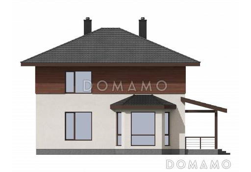 Проект двухэтажного газобетонного дома с эркером и крытой террасой на входе / Фасад 2