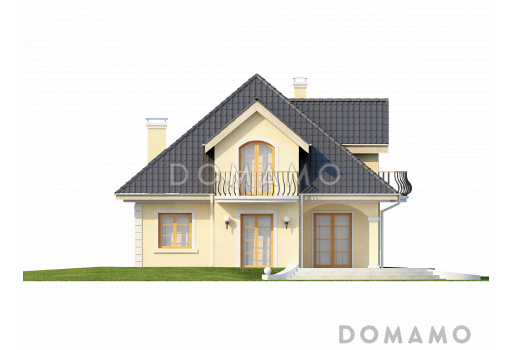 Проект классического одноэтажного мансардного дома из кирпича с кабинетом, хозяйственным помещением и с балконами в каждой из трёх спален / Фасад 3