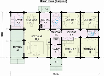 Проект дома из бруса с 4 спальнями, гостиной, столовой и террасой / План 1 этажа Проект дома из бруса с 4 спальнями, гостиной, столовой и террасой / План 1 этажа
