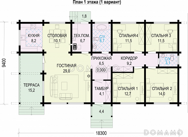 Проект дома из бруса с 4 спальнями, гостиной, столовой и террасой / План 1 этажа Проект дома из бруса с 4 спальнями, гостиной, столовой и террасой / План 1 этажа
