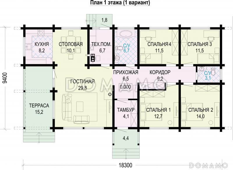 Проект дома из бруса с 4 спальнями, гостиной, столовой и террасой / План 1 этажа