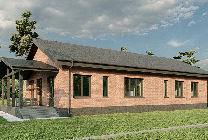 Проект одноэтажного дома с большим навесом для автомобилей, мастер-спальней и широкой террасой