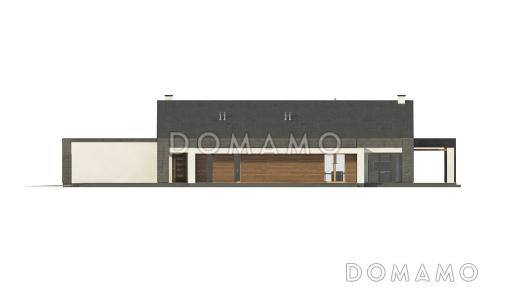 Проект современного одноэтажного дома из кирпича с тремя спальнями и пристроенным гаражом на два автомобиля / Фасад 4