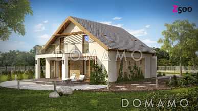 Проект одноэтажного мансардного дома из кирпича с гостевой комнатой на первом этаже и балконом над террасой