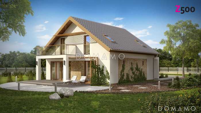 Проект одноэтажного мансардного дома из кирпича с гостевой комнатой на первом этаже и балконом над террасой Проект одноэтажного мансардного дома из кирпича с гостевой комнатой на первом этаже и балконом над террасой