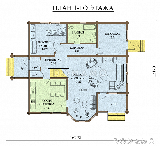 Проект дома из оцилиндрованного бревна с экером и вторым светом / План 1 этажа Проект дома из оцилиндрованного бревна с экером и вторым светом / План 1 этажа