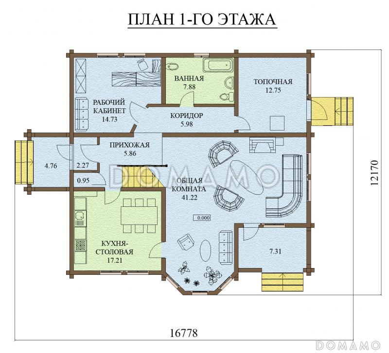Проект дома из оцилиндрованного бревна с экером и вторым светом / План 1 этажа