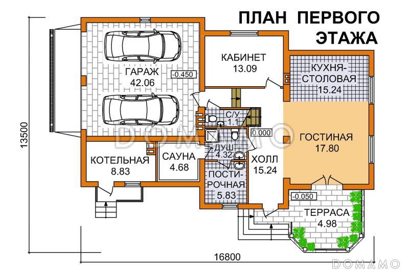 Проект дома с 4 спальнями, гаражом и сауной / План 1 этажа