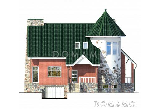 Дом с башней и зеленой крышей, с цокольным этажом, гаражом на одну машину / Фасад 4