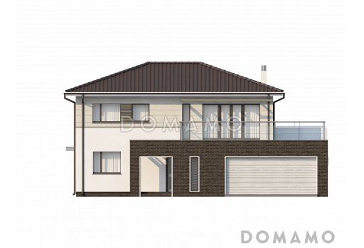 Проект современного двухэтажного дома из кирпича с четырьмя спальнями и гаражом на два автомобиля / Фасад 4
