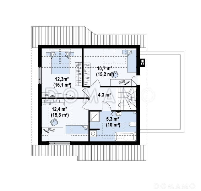 Проект одноэтажного мансардного дома из газобетона с пристроенным гаражом и террасой над ним / План мансардного этажа