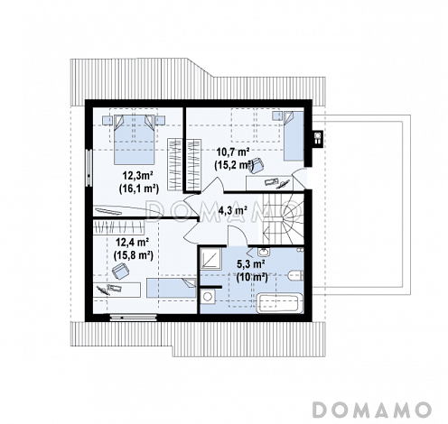 Проект одноэтажного мансардного дома из газобетона с пристроенным гаражом и террасой над ним / План мансардного этажа