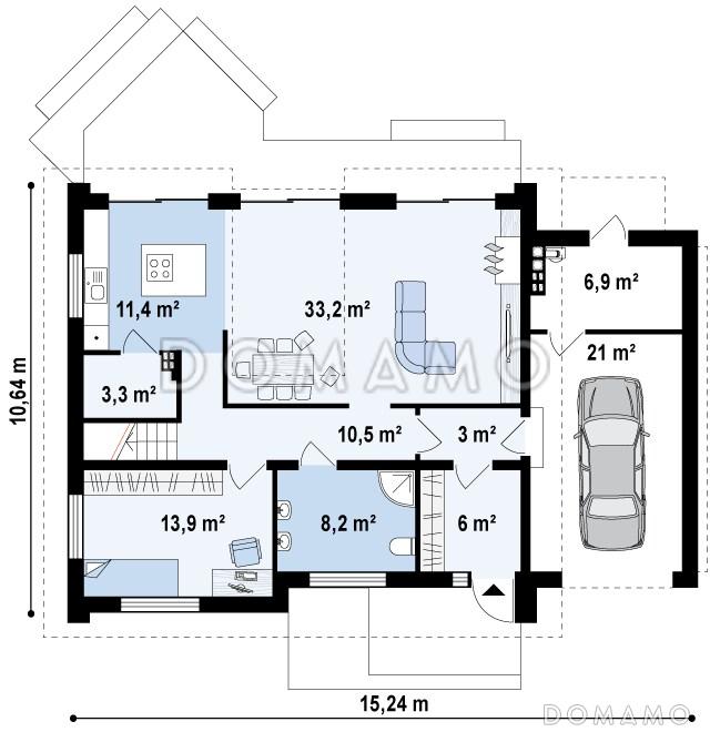 Проект одноэтажного коттеджа из кирпича с мансардным этажом со вторым светом, большим панорамным окном и гаражом / План 1 этажа