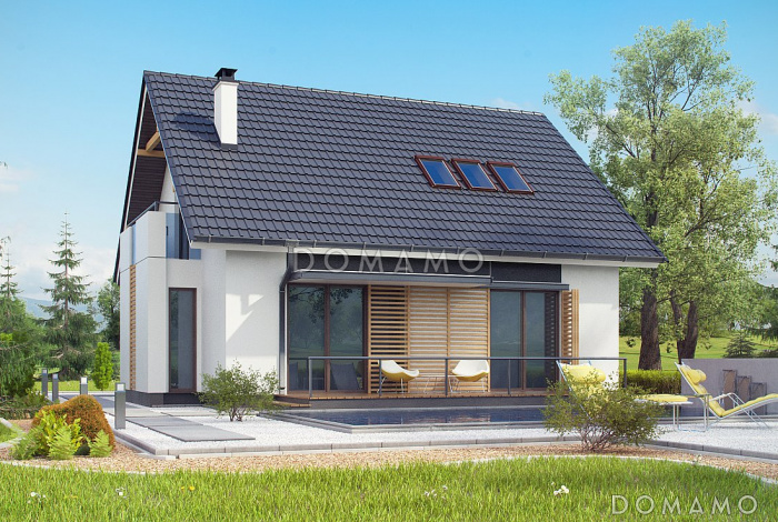 Проект одноэтажного мансардного дома из кирпича с балконом, тремя спальнями и кабинетом