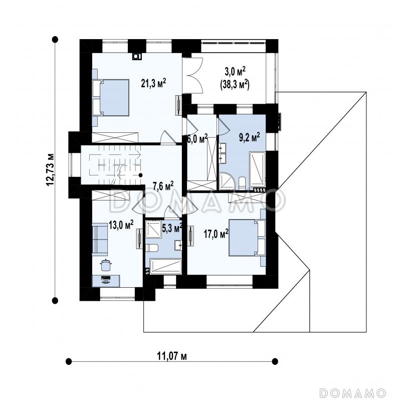 Проект дома с мастер-спальней с выходом на террасу, гостиной с камином, кладовой, гаражом / План 2 этажа