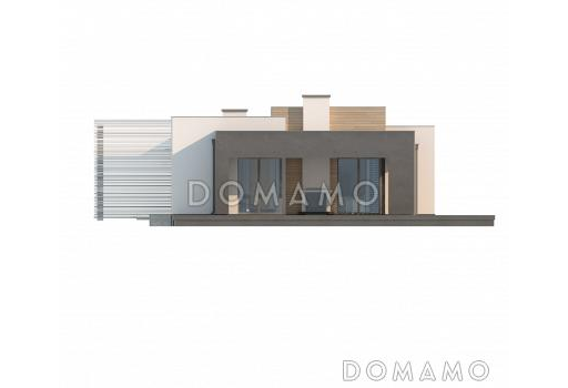Проект одноэтажного дома из кирпича с плоской крышей, большой площадью остекления и крытой террасой, увеличенная версия / Фасад 2