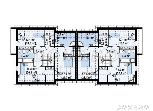 Проект современных мансардных домов-близнецов из газобетона с гаражом, тремя спальнями и балконом / План мансардного этажа