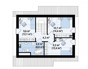 Проект компактного одноэтажного мансардного дома из газобетона с кабинетом и тремя спальнями / План мансардного этажа Проект компактного одноэтажного мансардного дома из газобетона с кабинетом и тремя спальнями / План мансардного этажа