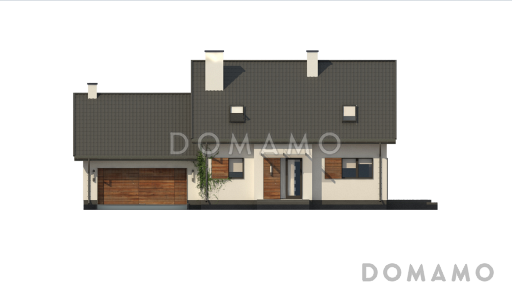 Проект комфортного одноэтажного мансардного дома из кирпича с кабинетом, гаражом и тремя спальнями / Фасад 1