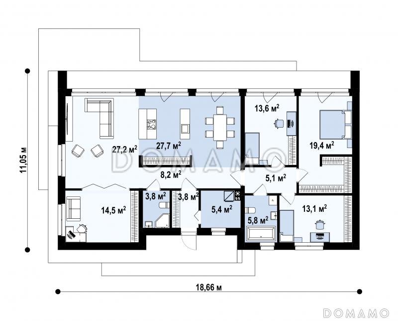 Проект одноэтажного современного дома с тремя спальными комнатами с общим санузлом, кабинетом, просторной дневной зоной / План 1 этажа