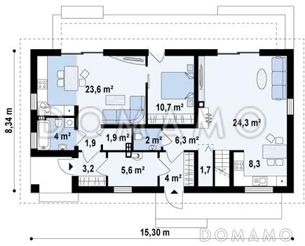 Проект одноэтажного мансардного дома из газобетона с отделённой однокомнатной квартирой на первом этаже / План 1 этажа