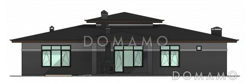 Проект одноэтажного дома с двумя террасами, кухней и гостиной в центральной части дома, сауной / Фасад 2