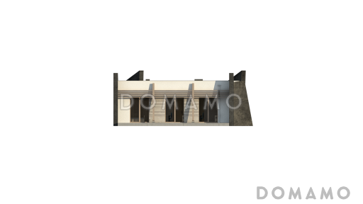 Проект современного одноэтажного дома из кирпича необычного дизайна с плоской крышей и с тремя спальнями / Фасад 2