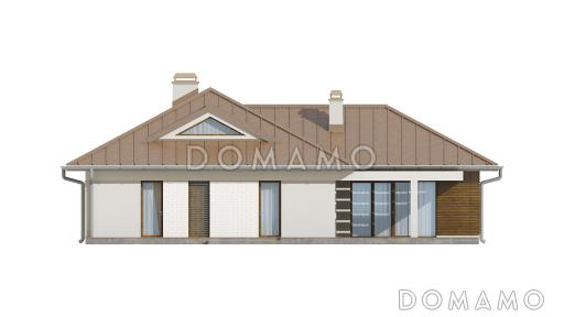 Проект одноэтажного дома из кирпича с большой угловой террасой и гаражом на два автомобиля / Фасад 2