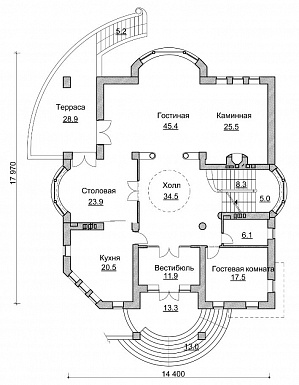 Проект коттеджа в стиле модерн с парадным балконом / План 1 этажа Проект коттеджа в стиле модерн с парадным балконом / План 1 этажа
