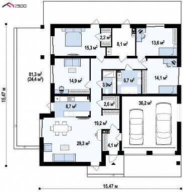 Проект квадратного одноэтажного дома из газобетона с четырьмя комнатами и гаражом для большой семьи / План 1 этажа Проект квадратного одноэтажного дома из газобетона с четырьмя комнатами и гаражом для большой семьи / План 1 этажа