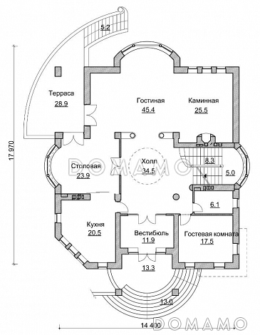 Проект коттеджа в стиле модерн с парадным балконом / План 1 этажа Проект коттеджа в стиле модерн с парадным балконом / План 1 этажа