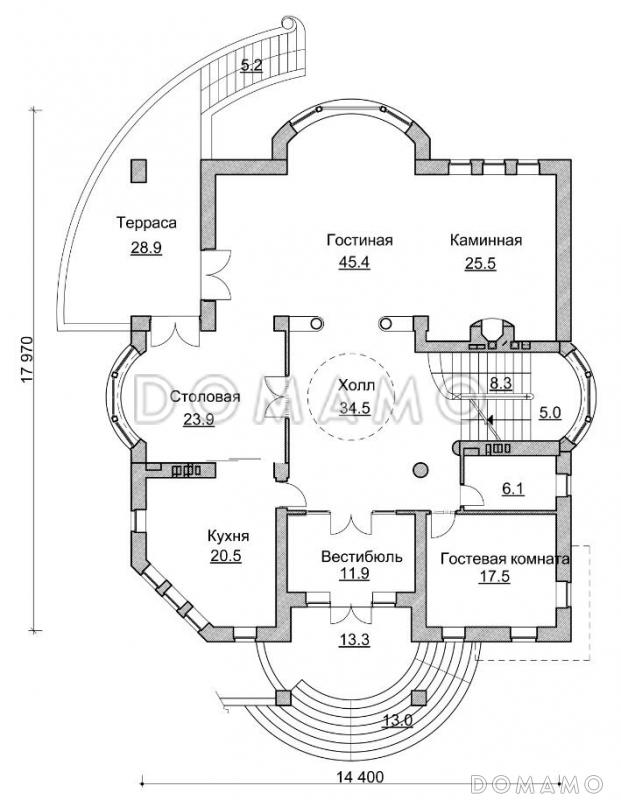 Проект коттеджа в стиле модерн с парадным балконом / План 1 этажа