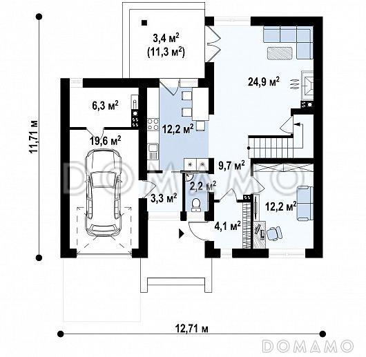 Проект двухэтажного дома с подвалом, гаражом, террасой, балконом / План 1 этажа