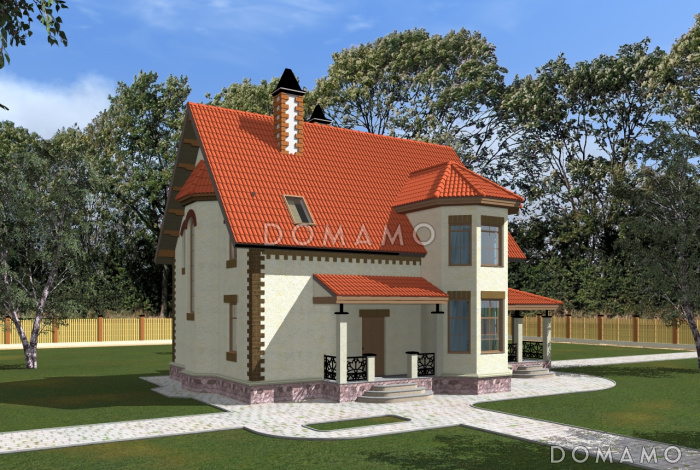 Дом с островерхой кровлей и двухэтажным эркером