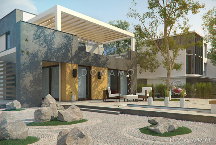 Проект современного двухэтажного дома из кирпича в стиле модерн, с террасой на втором уровне и встроенным гаражом Проект современного двухэтажного дома из кирпича в стиле модерн, с террасой на втором уровне и встроенным гаражом