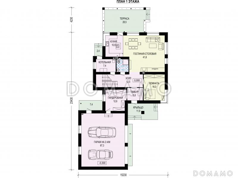 Проект загородного дома с гаражом на две машины, террасой, отдельной гардеробной при входе / План 1 этажа