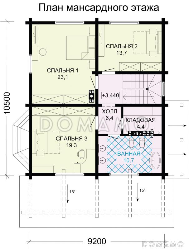 Проект дома из бруса с сауной и просторной комнатой отдыха на цокольном этаже / План мансардного этажа